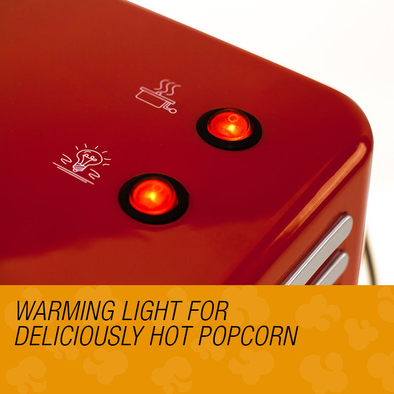 Red popcorn popper with warning lights and text on a white background