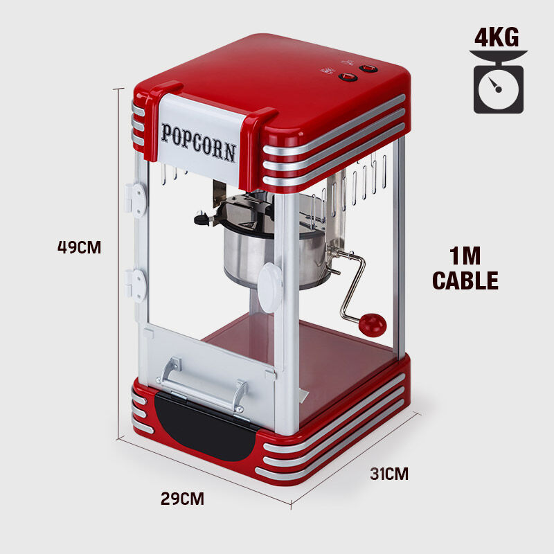 Red popcorn machine with dimensions and weight information on a white background