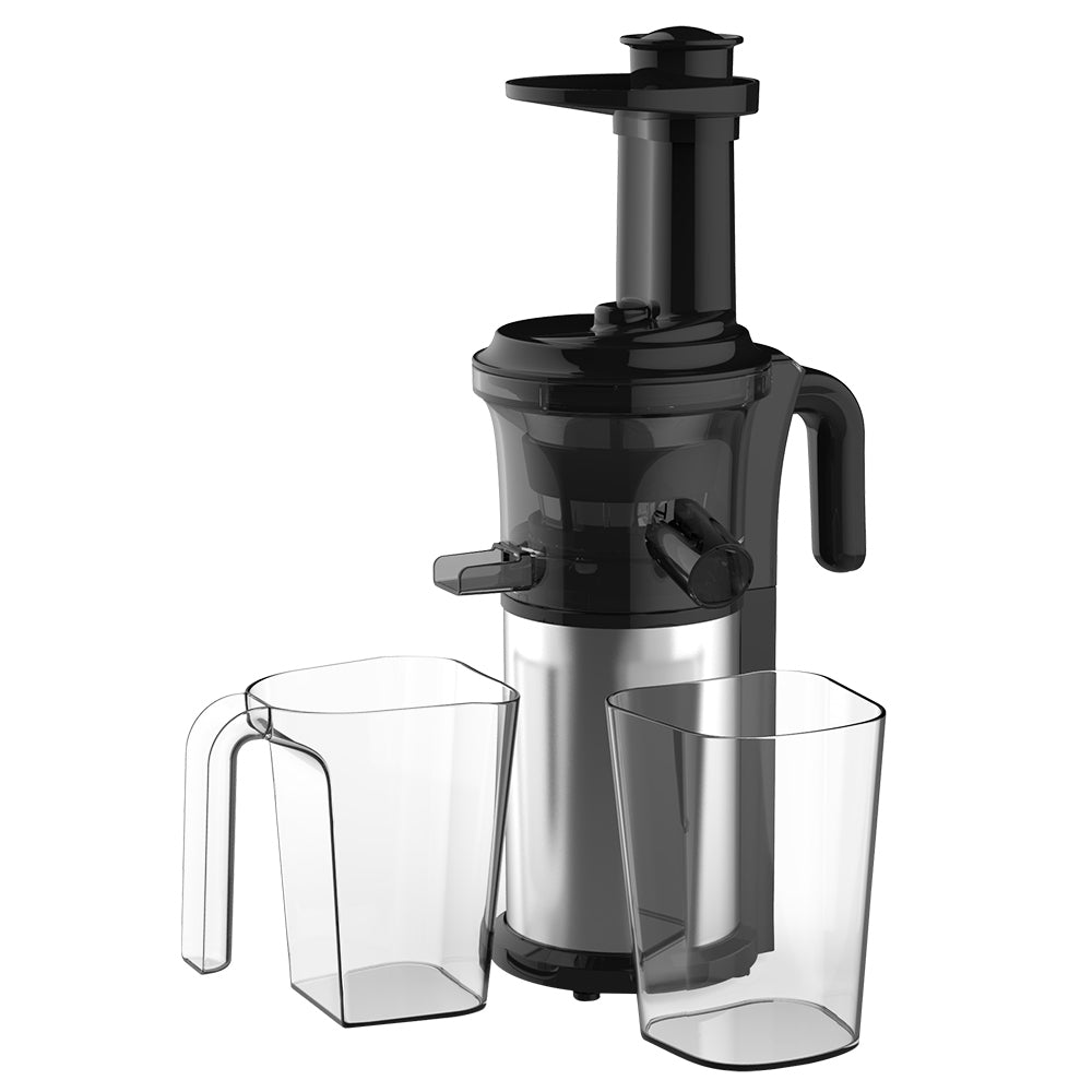 Black and silver juicer with two clear juice cups on a white background