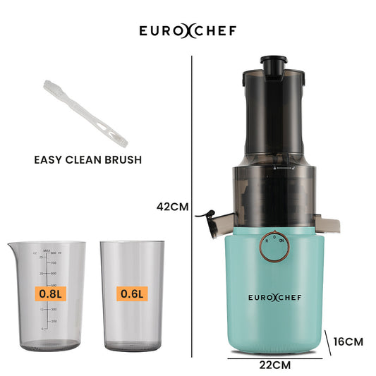 EUROXCHEF juicer with measuring cups and cleaning brush, showing dimensions.
