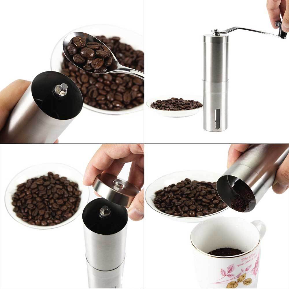 Collage of a manual coffee grinder being used with coffee beans and a cup.