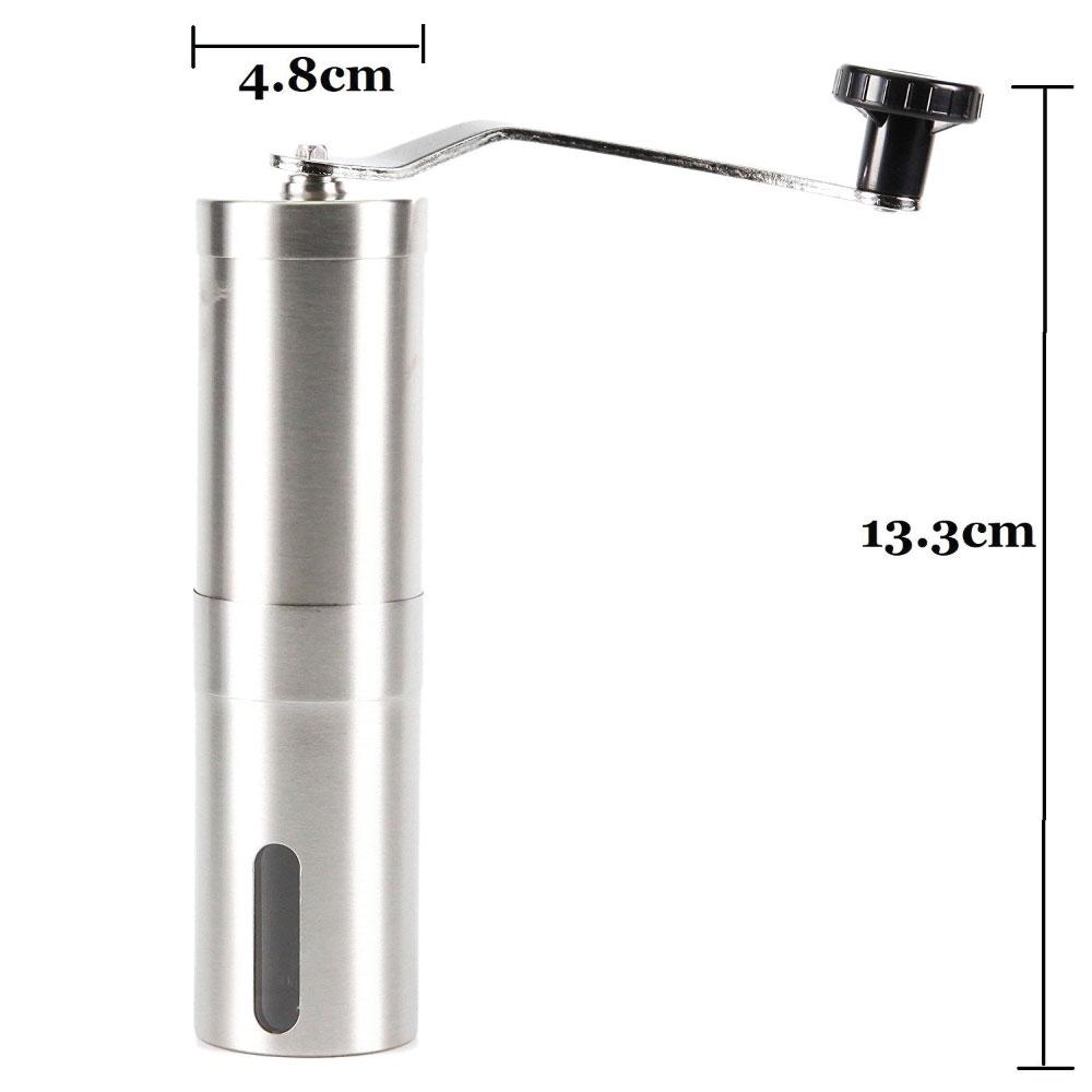 Stainless steel manual coffee grinder with dimensions labeled on a white background