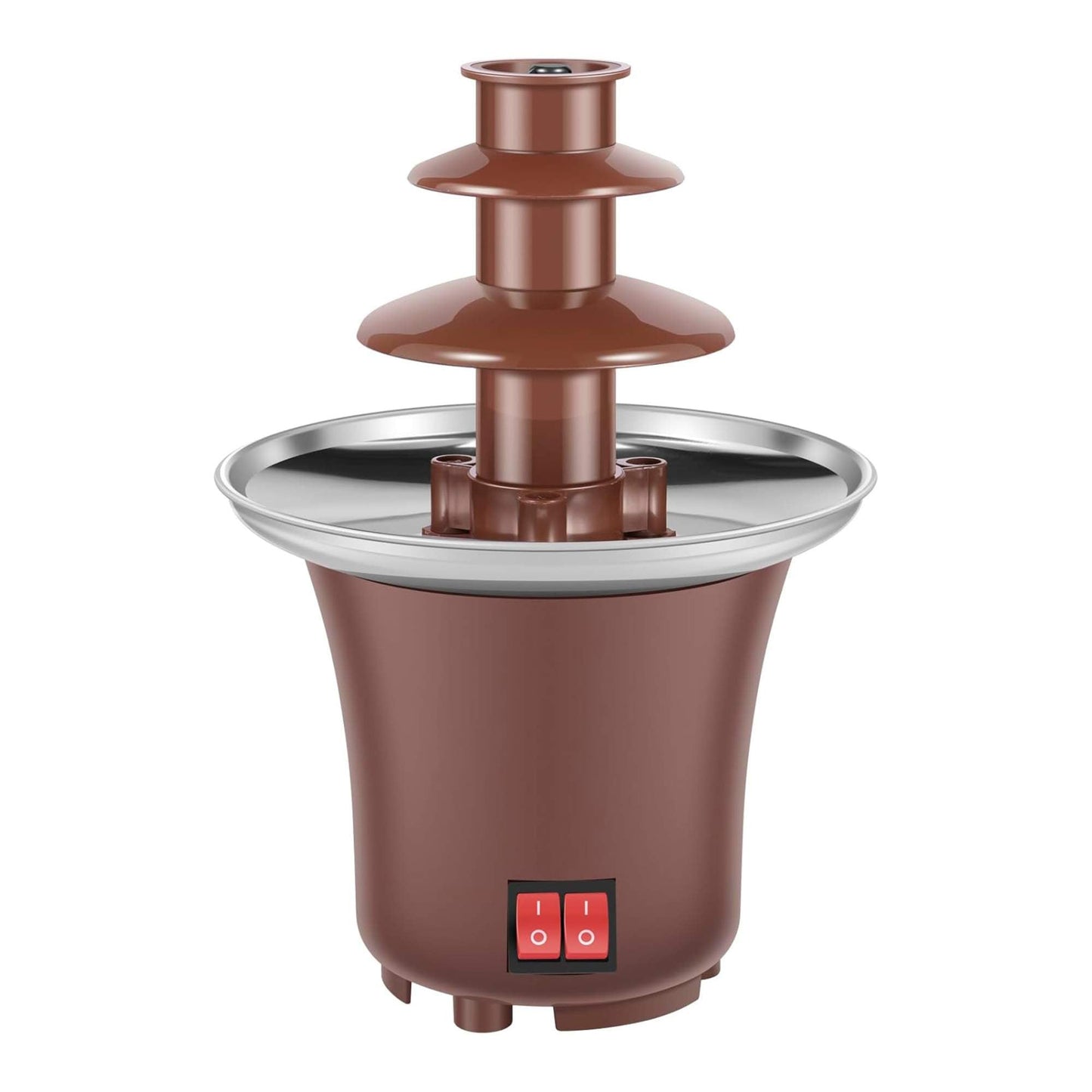 Chocolate fountain with multiple tiers on a white background