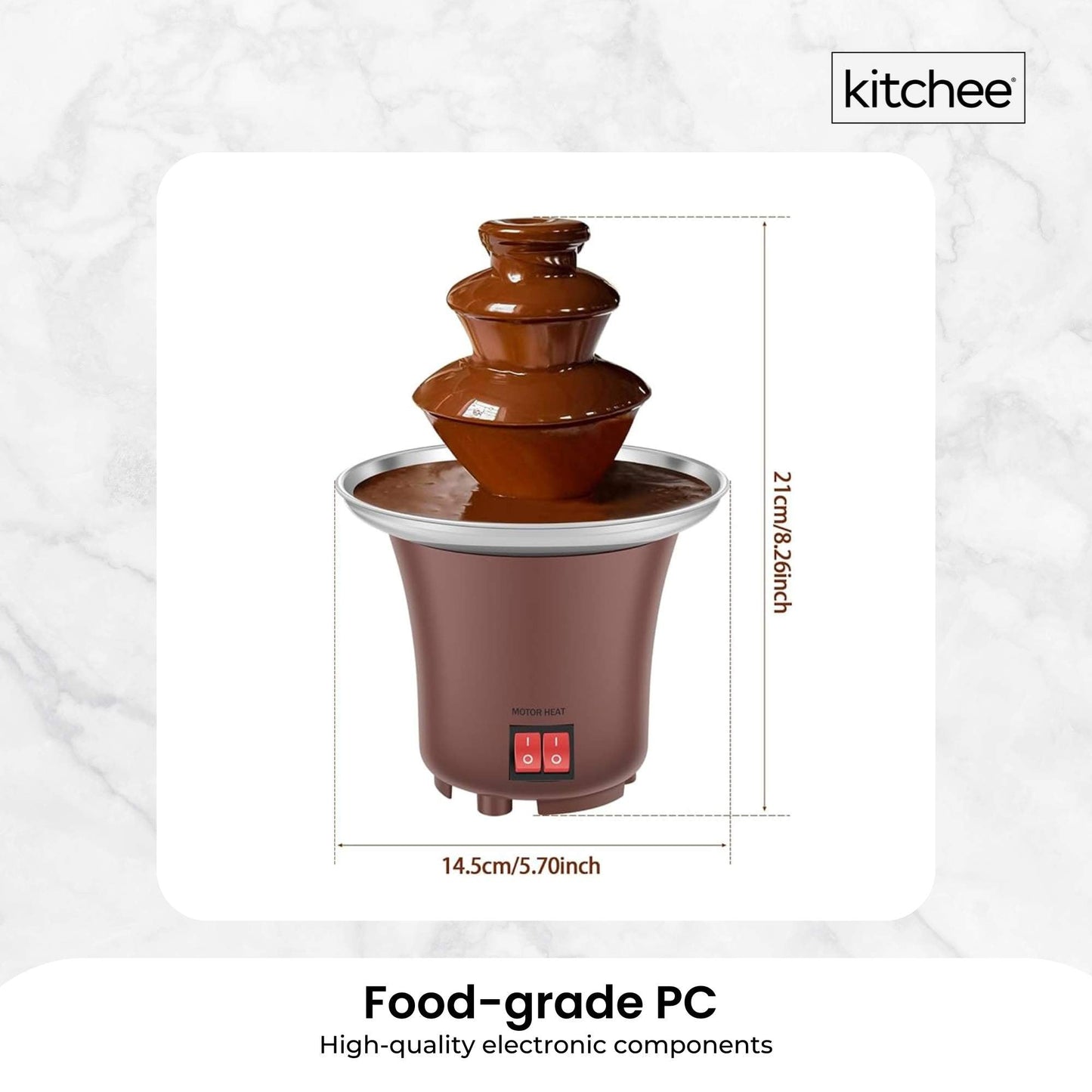 Chocolate fondue fountain with dimensions and 'kitchhee' branding on a white background