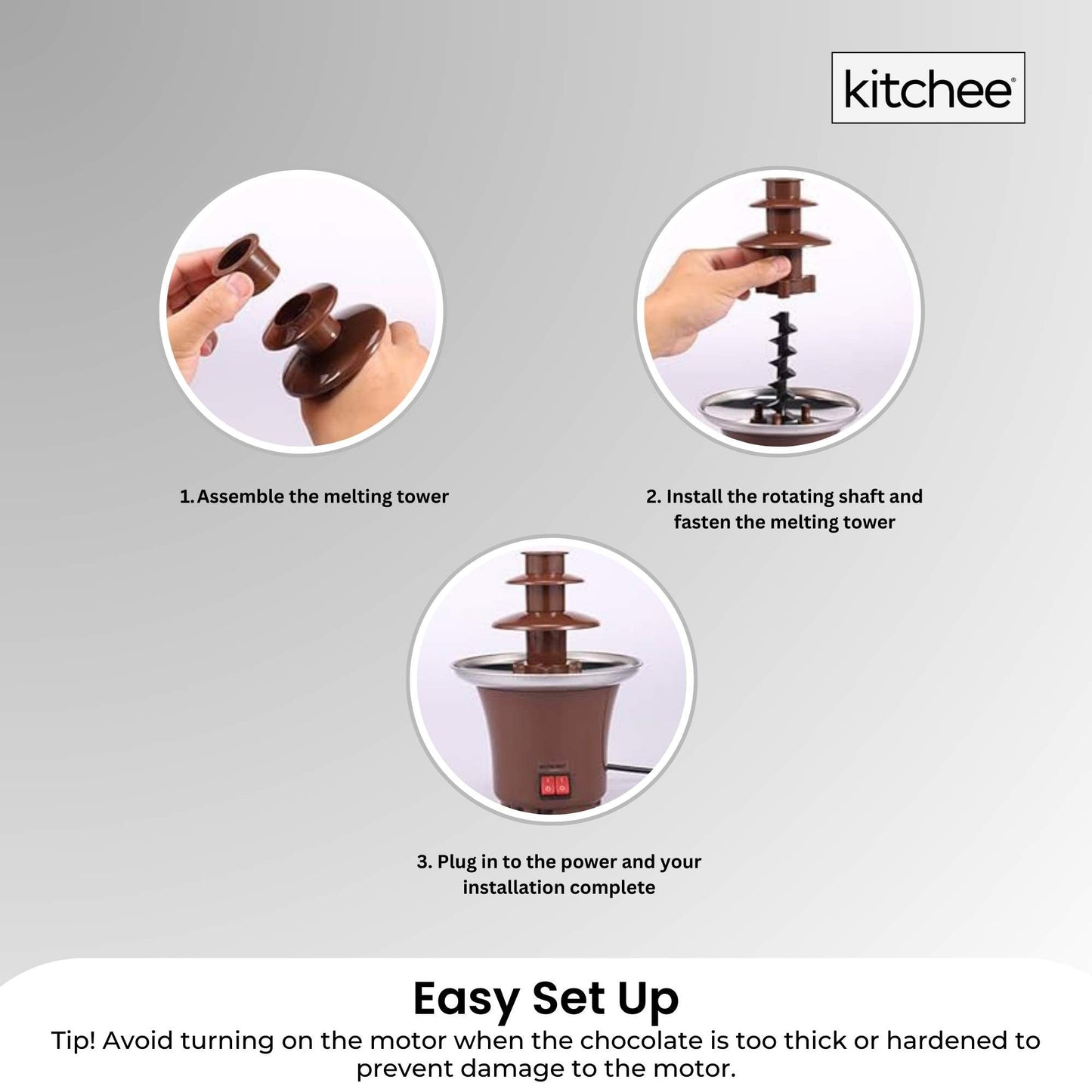 Step-by-step guide on how to set up a chocolate fountain with 'kitchee' branding.