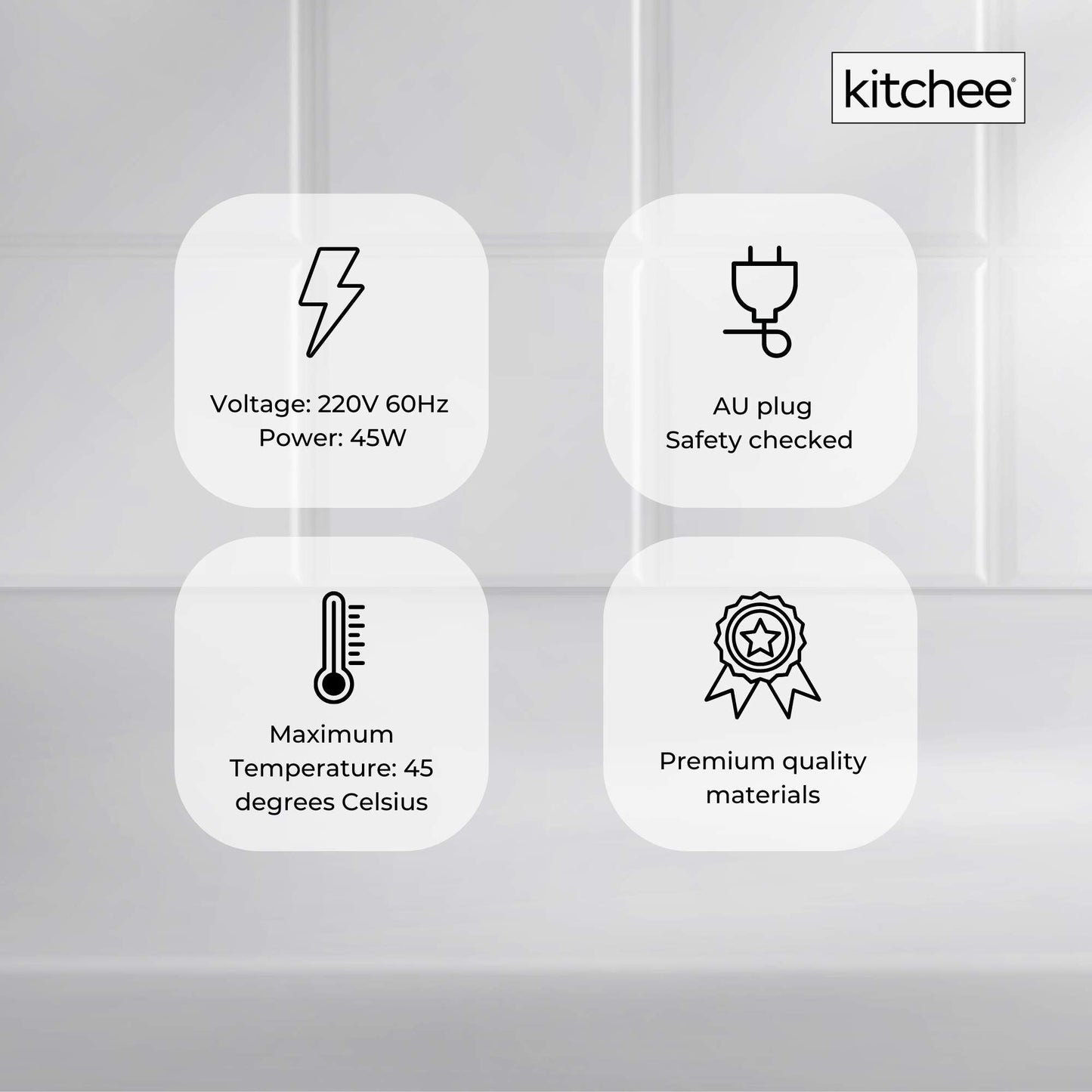 Product specifications displayed on a gray background with 'kitchee' branding.
