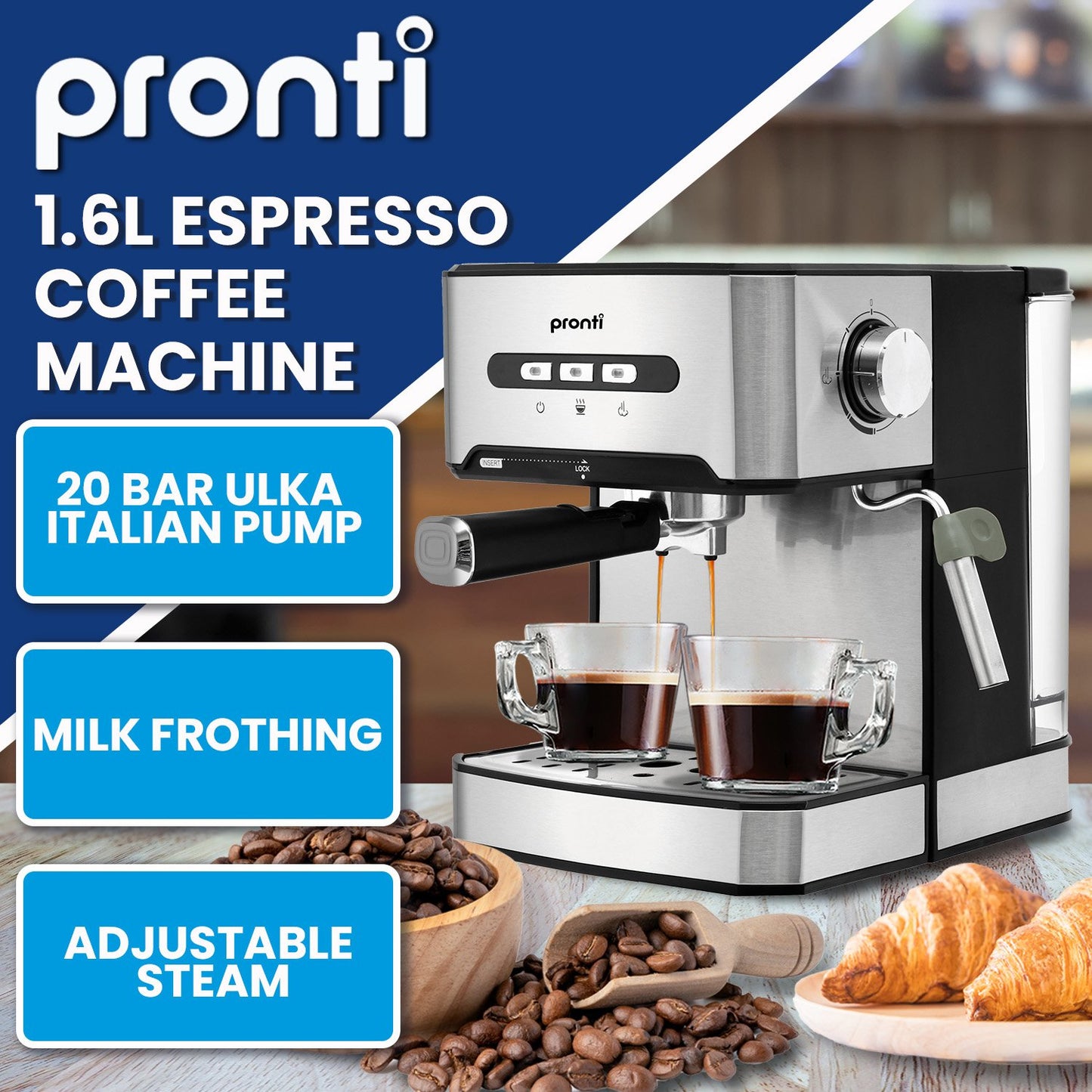Pronti espresso coffee machine with features highlighted on a blue and white background
