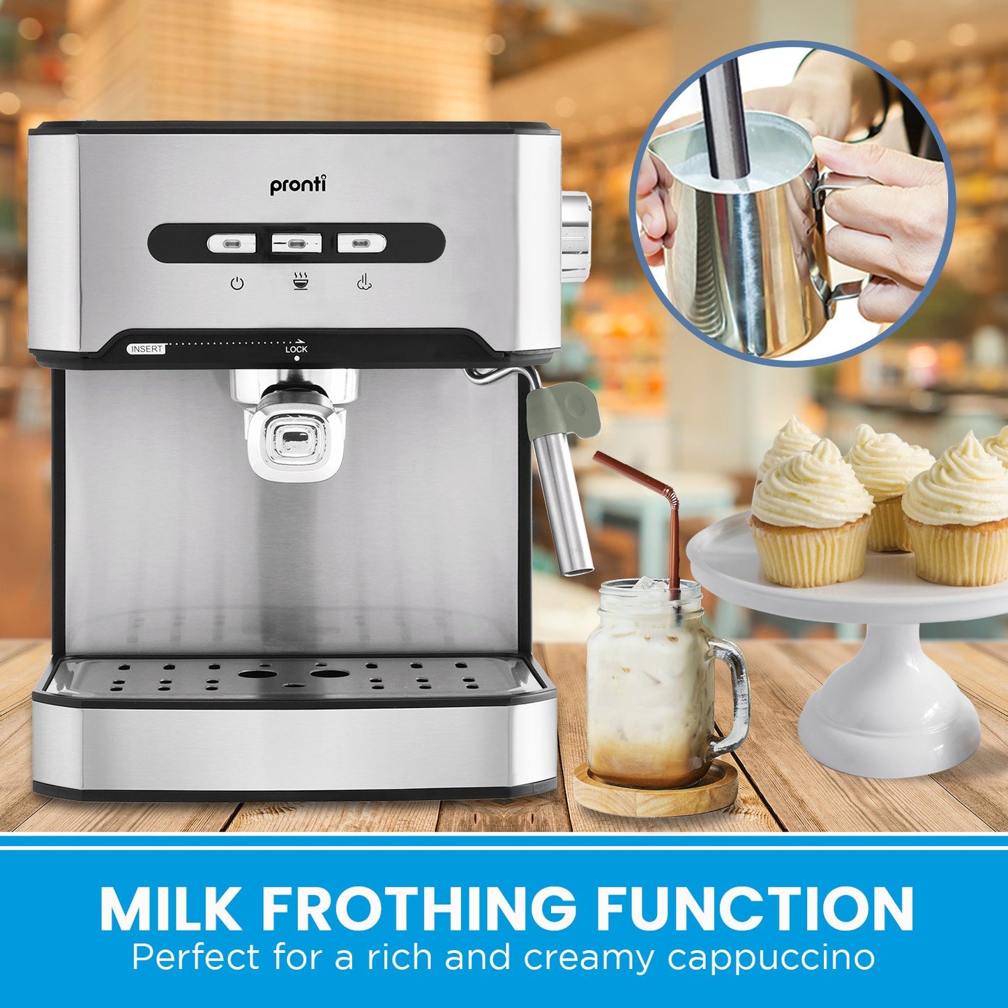 Pronti espresso machine with milk frothing function, surrounded by coffee and dessert items.