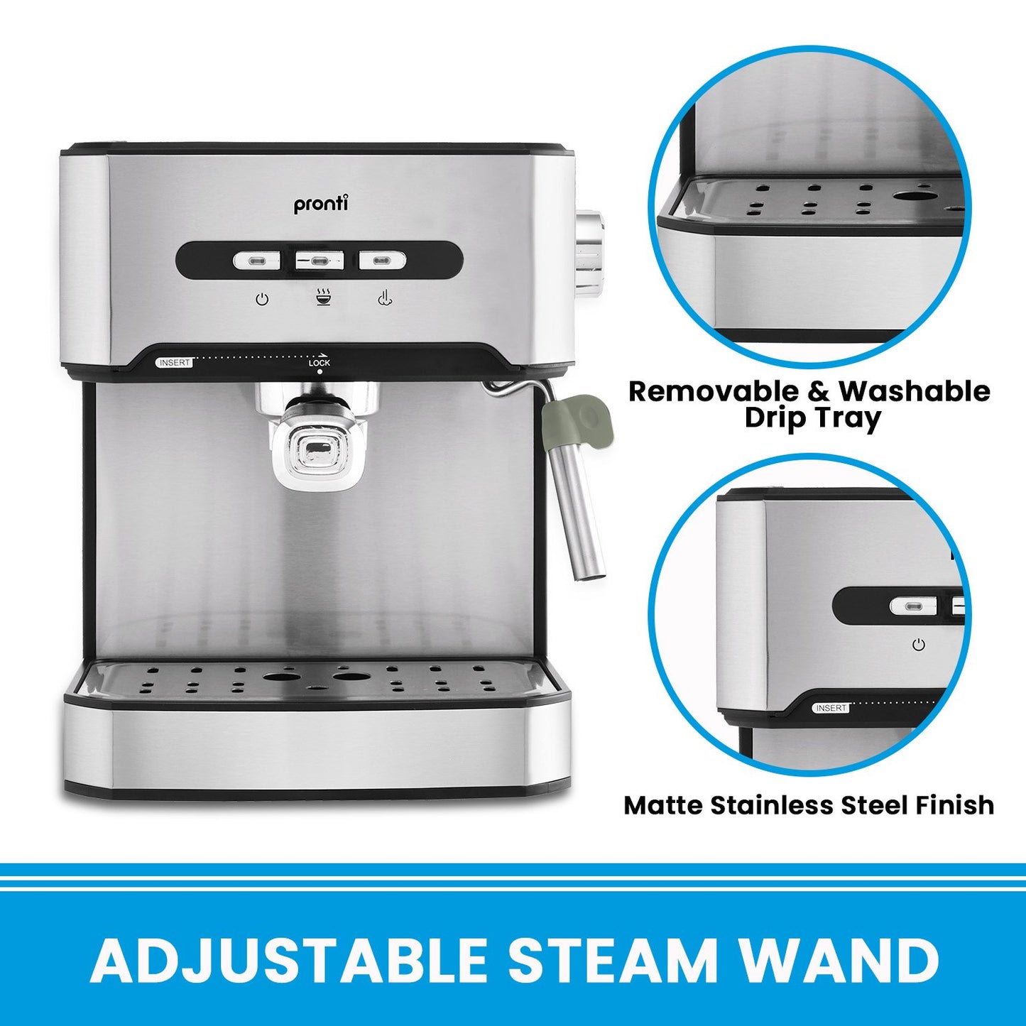 Stainless steel espresso machine with features highlighted on a white background