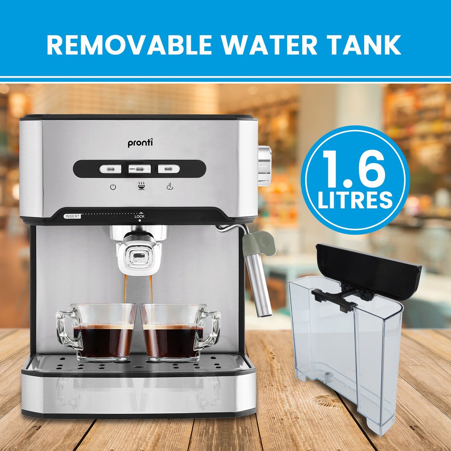 Espresso machine with removable water tank on a wooden surface, featuring Pronti branding.