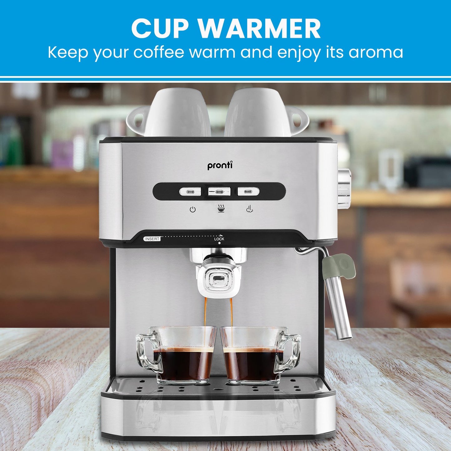 Pronti cup warmer with two glasses of coffee on a wooden table.