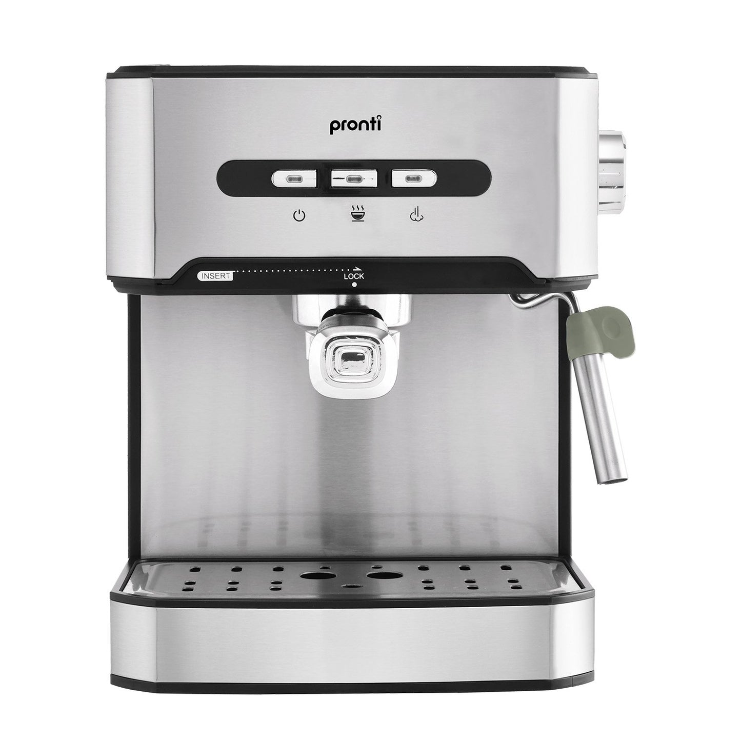 Stainless steel espresso machine with Pronti branding on a white background