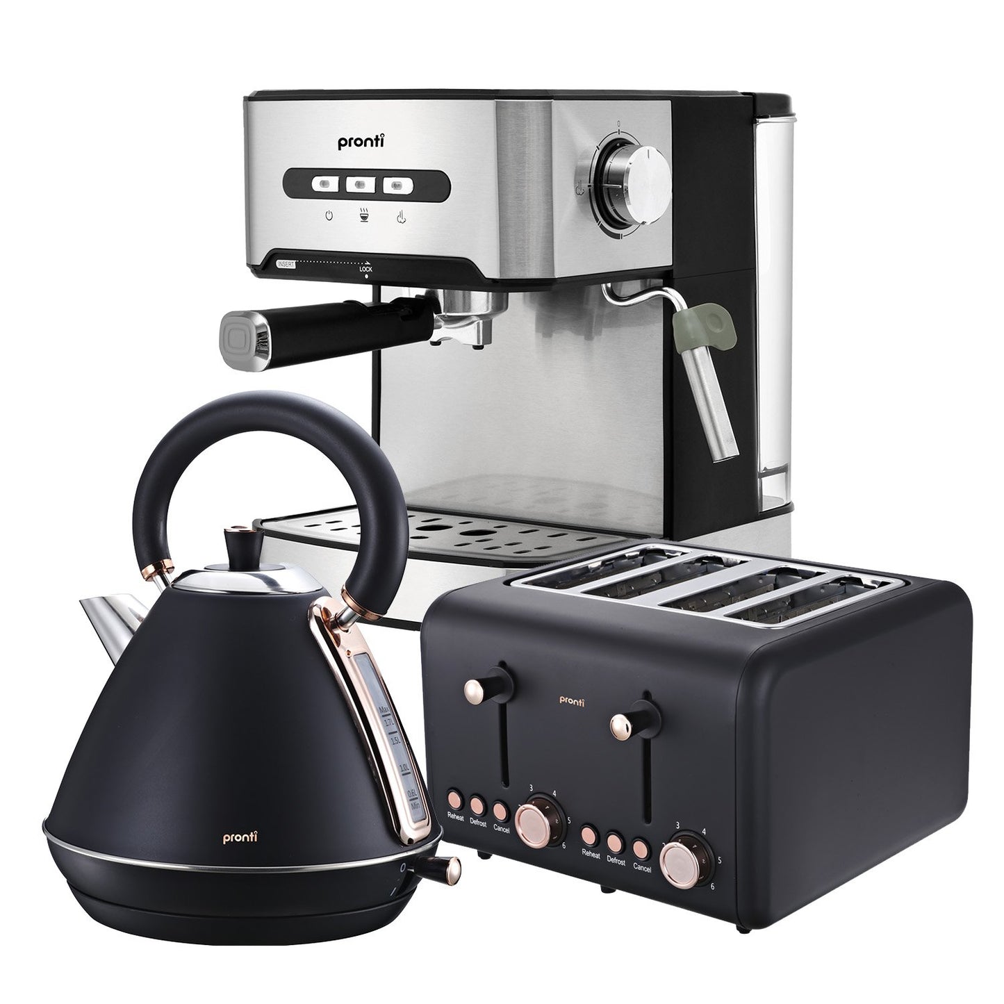 Set of Pronto kitchen appliances including a kettle, espresso machine, and toaster on a white background