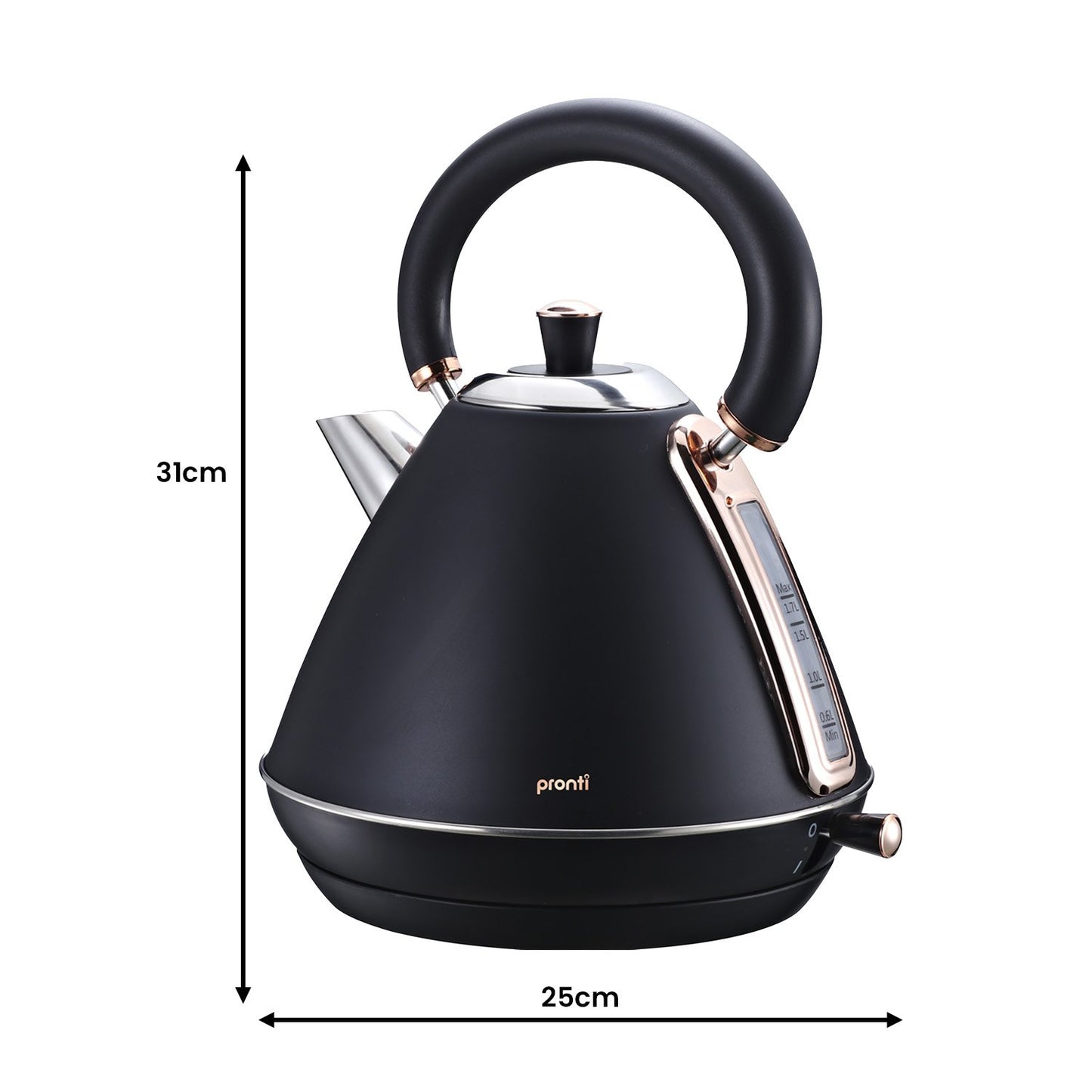 Black electric kettle with measurements on a white background