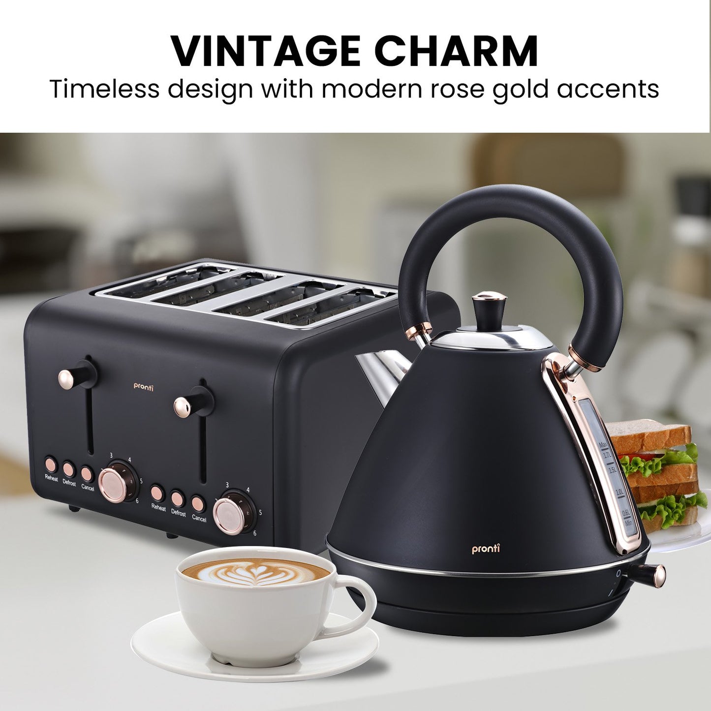 Black toaster and kettle with rose gold accents on a kitchen counter.