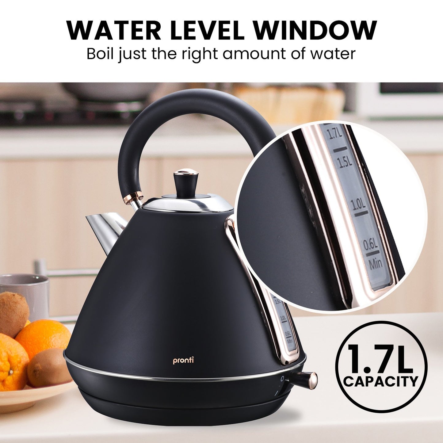 Black electric kettle with water level window and capacity label on a kitchen counter.