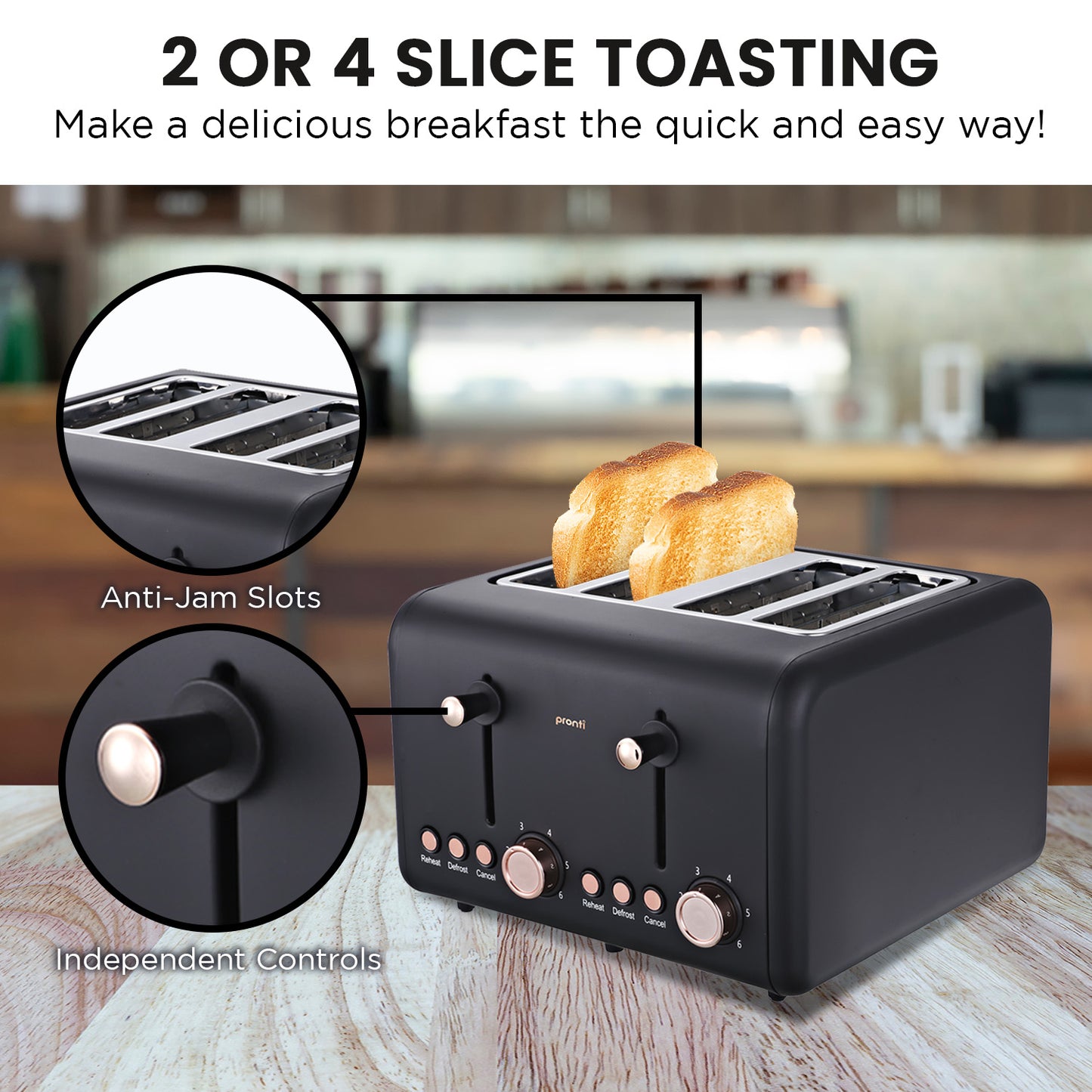 Black toaster with slices of bread, anti-jam slots, and independent controls on a wooden surface.