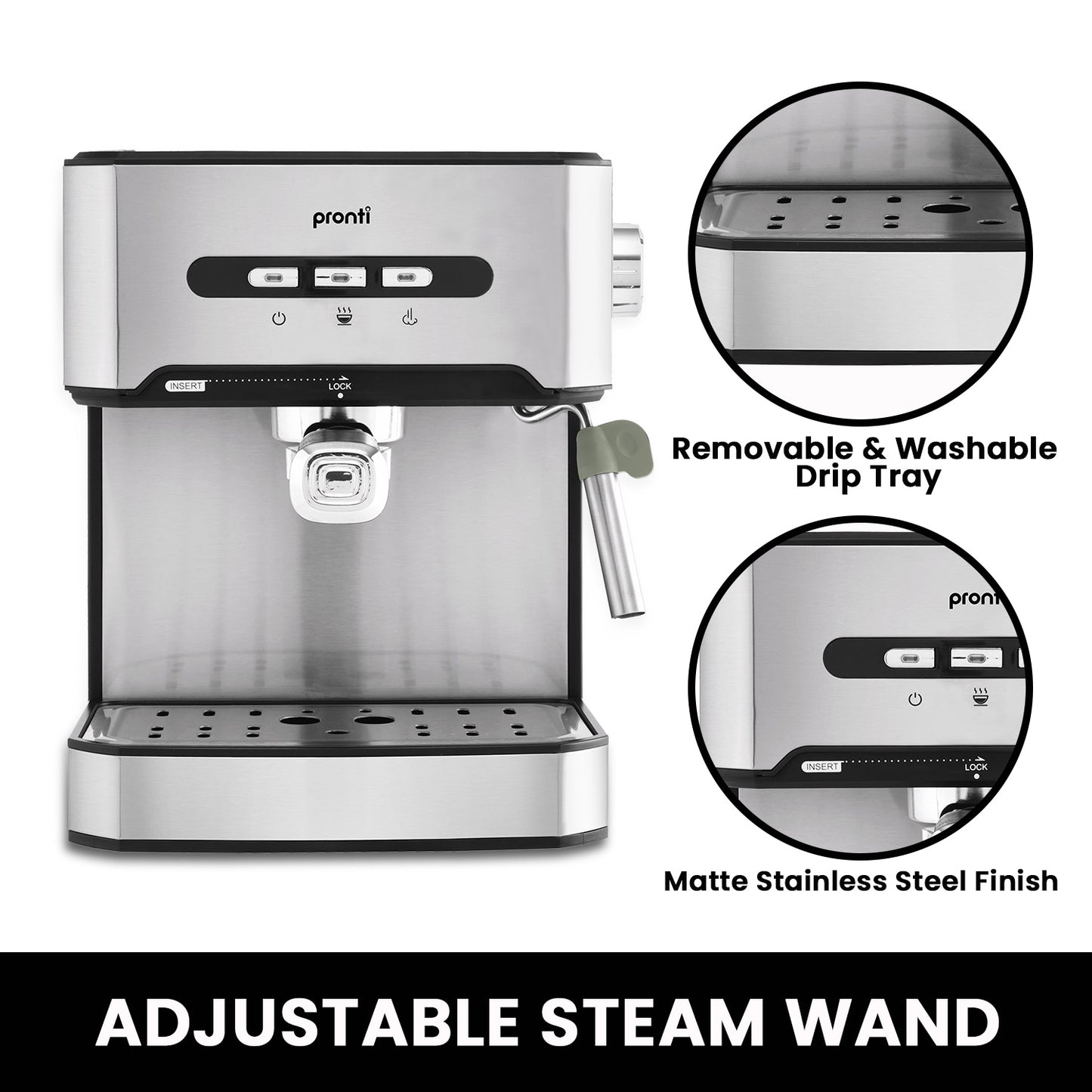 Pronti espresso machine with adjustable steam wand feature, showing a close-up of the drip tray and control panel.