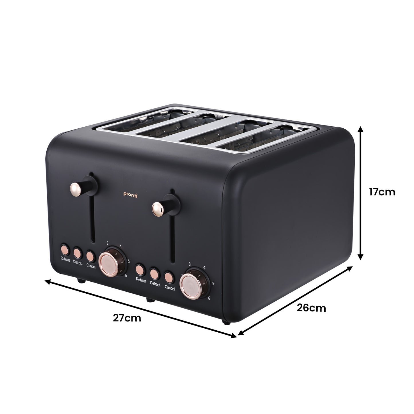 Black toaster with dimensions indicated on a white background