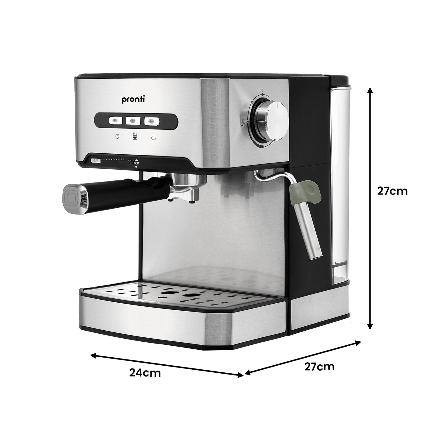 Espresso machine with dimensions labeled on a white background