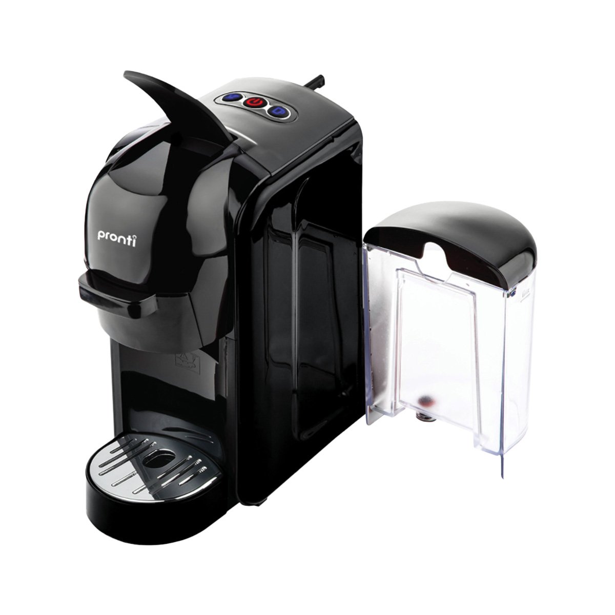 Black coffee machine with a clear water tank on a white background