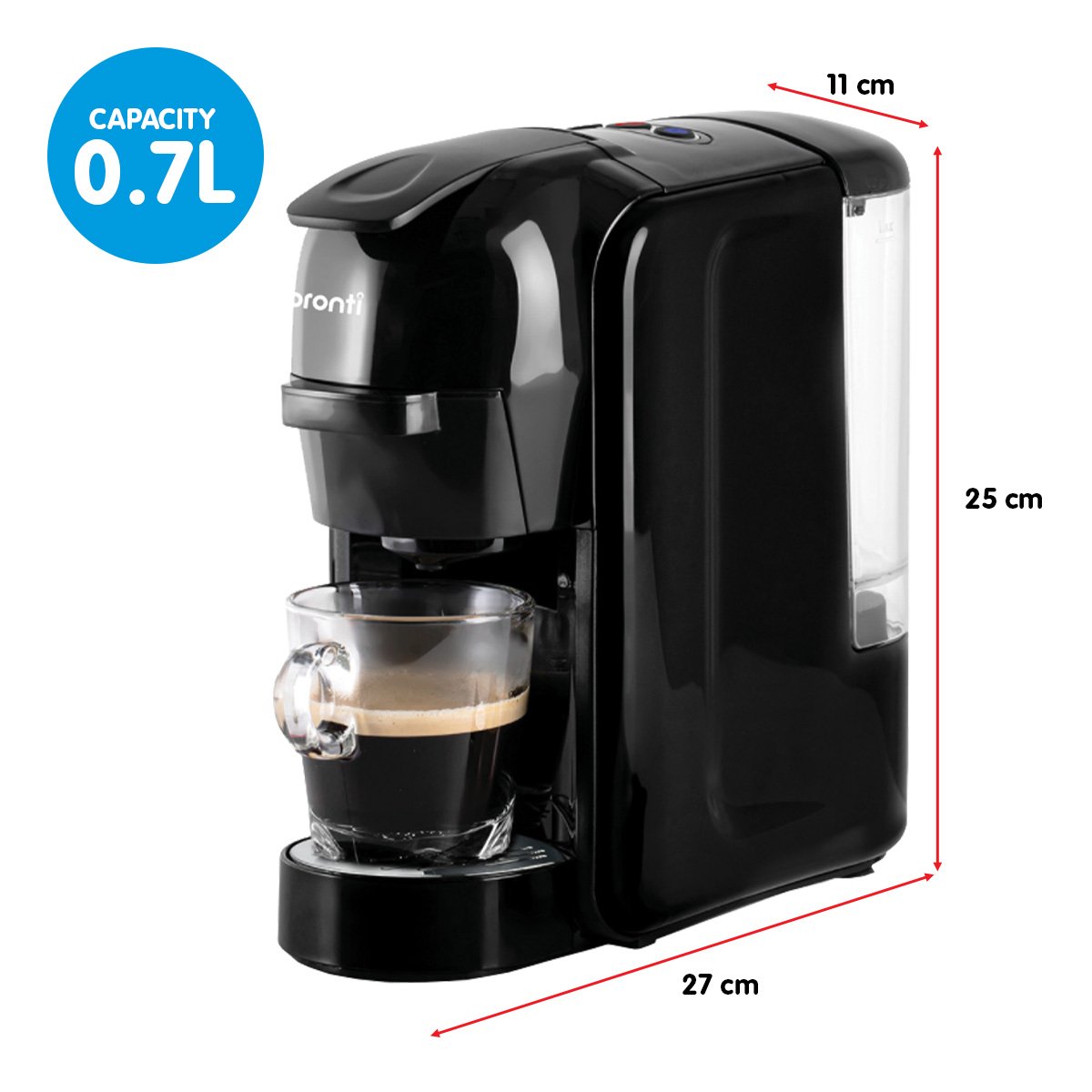 Black coffee machine with a glass cup of coffee, labeled capacity 0.7L, and dimensions on a white background.