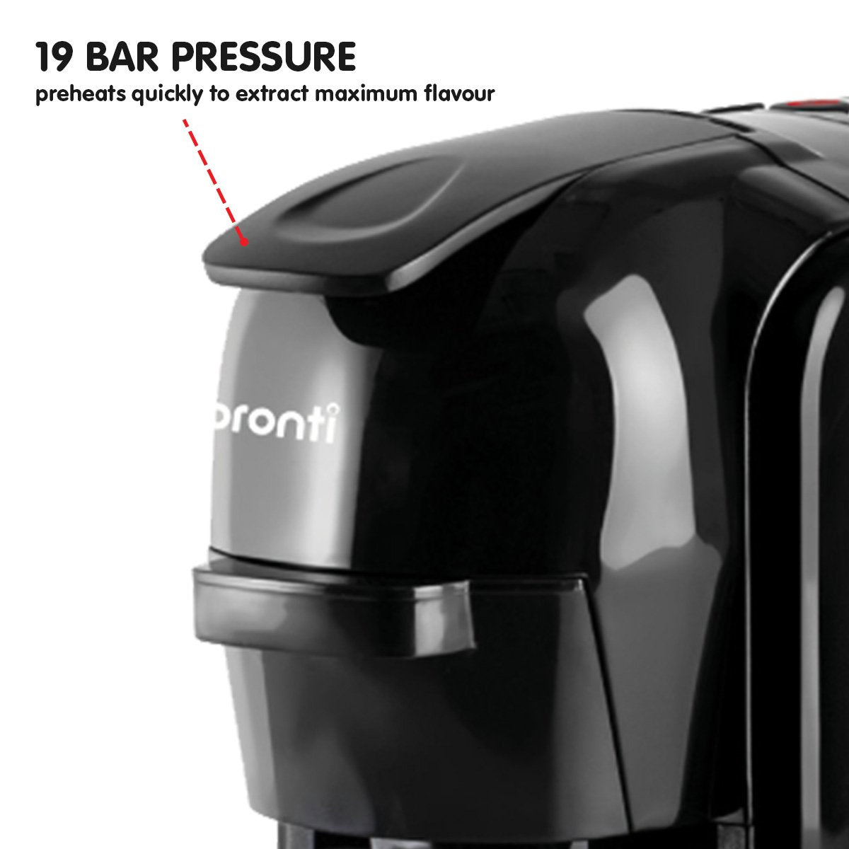 Black coffee maker with 'bronté' branding and text about 19 bar pressure and quick preheating.