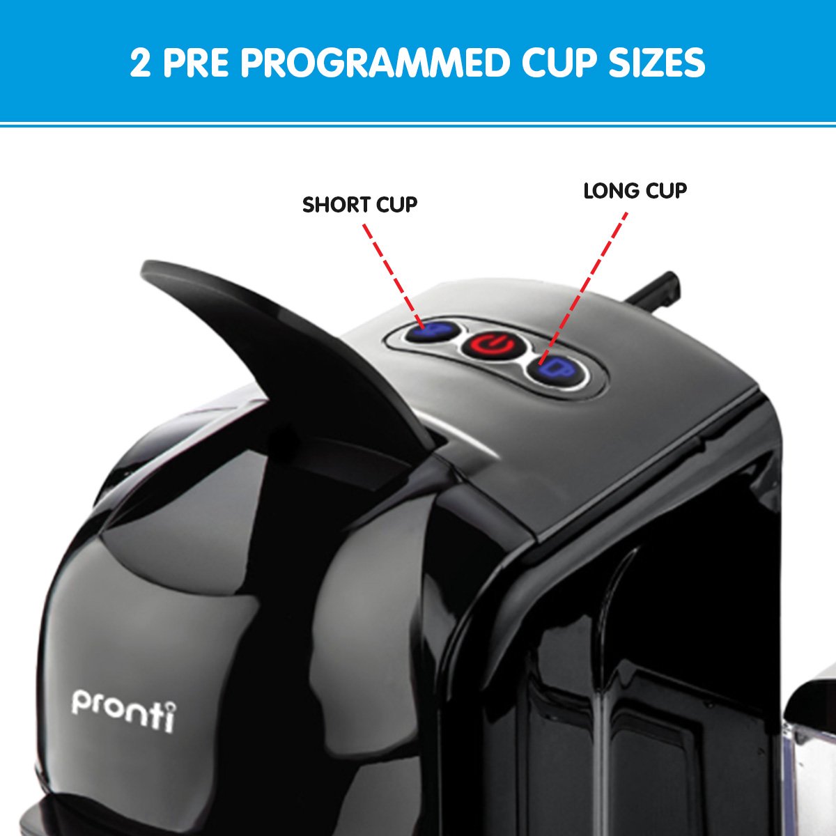 Black coffee maker with pre-programmed cup size options labeled, featuring the brand 'pronti'.