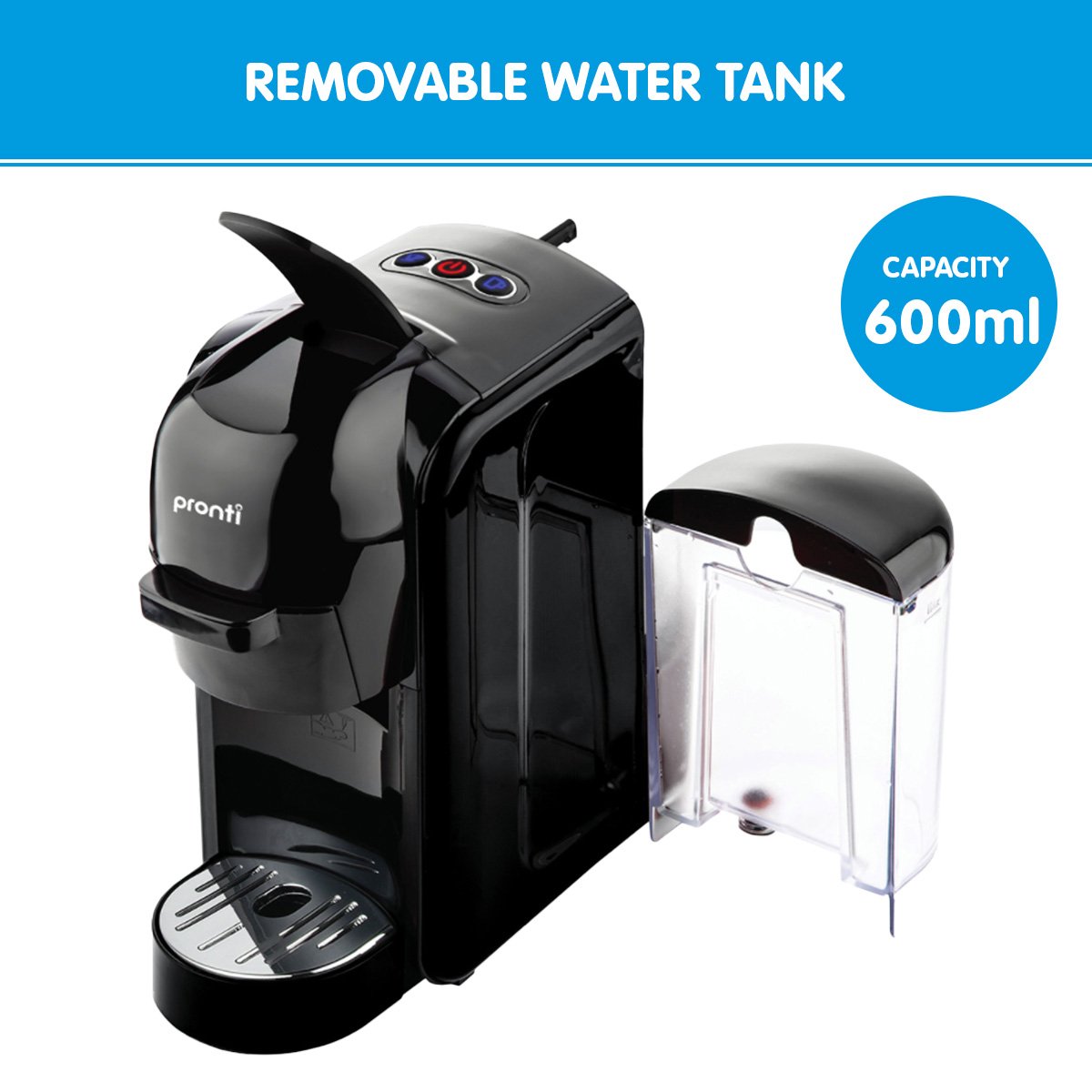 Black coffee machine with a removable water tank on a white background