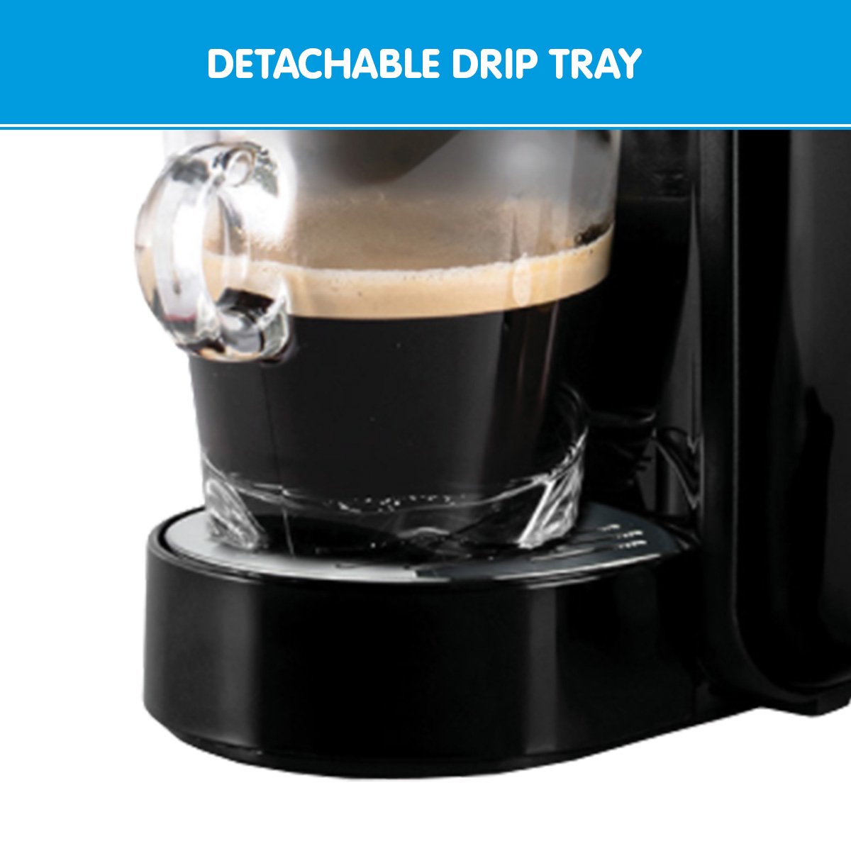 Black coffee maker with a detachable drip tray on a white background