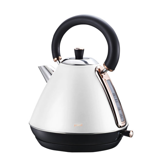 White electric kettle with black handle and base on a white background