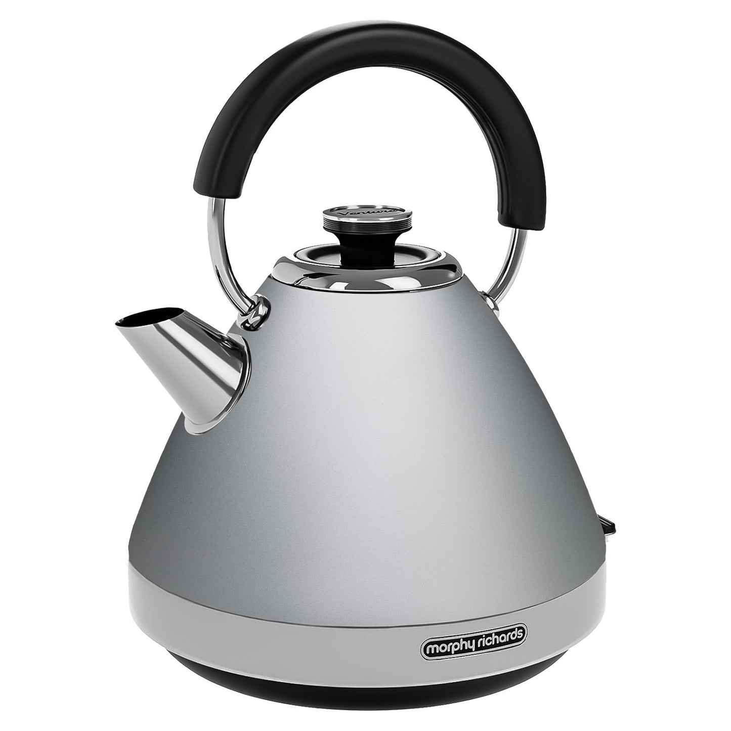 Silver kettle with black handle on a white background