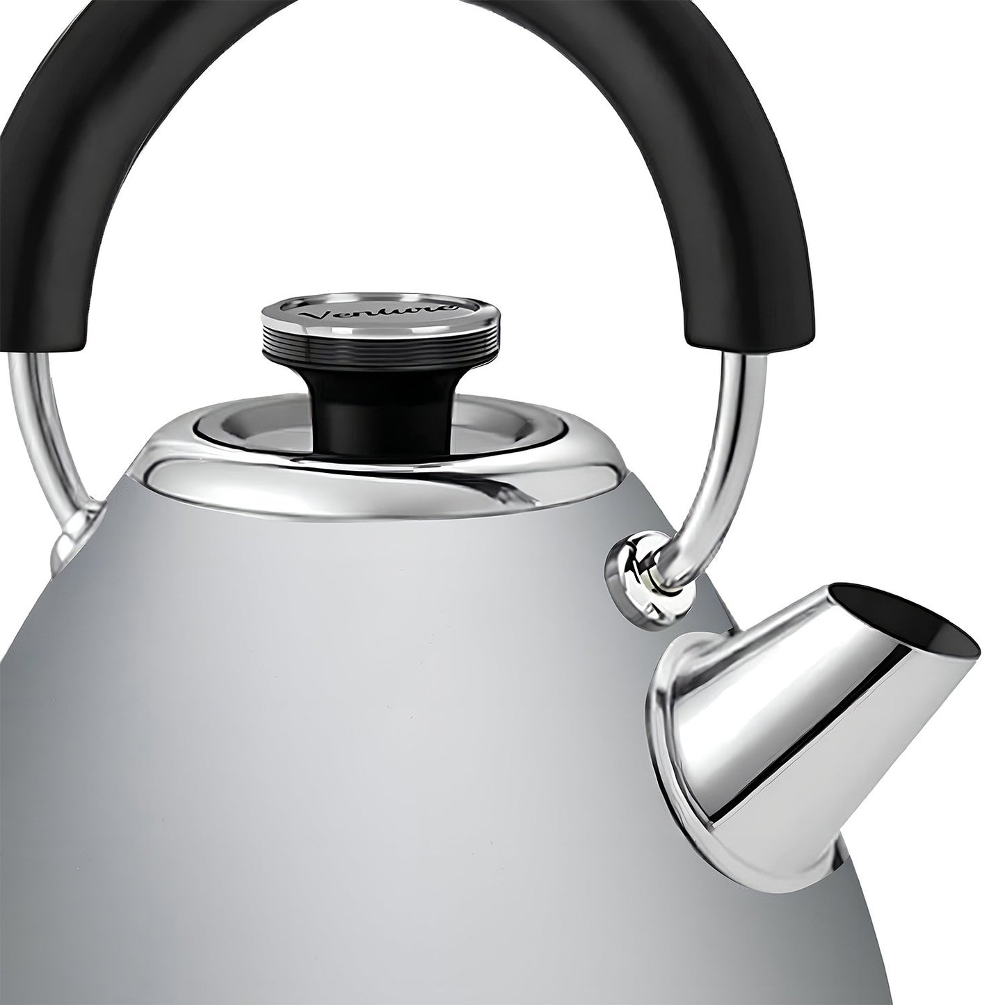 Silver kettle with black handle and lid knob on a white background