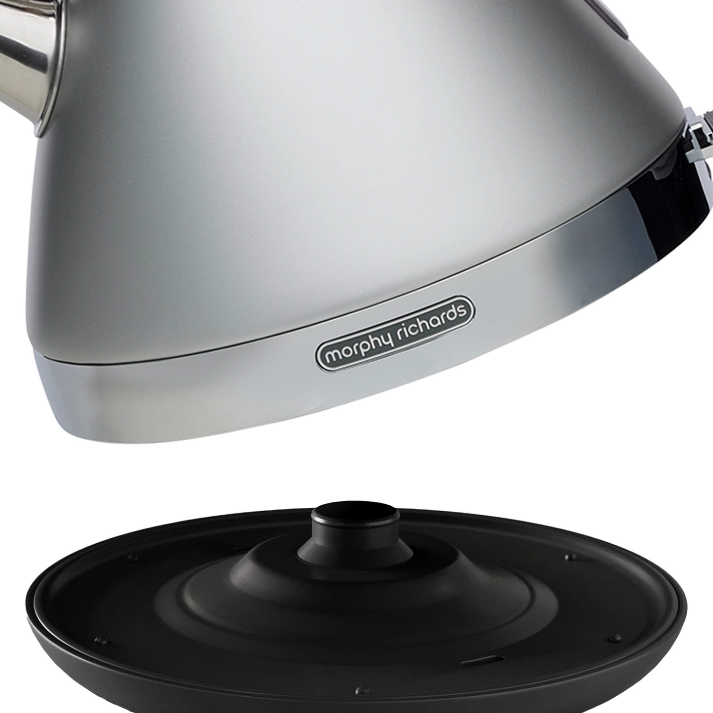 Gray Morphy Richards kettle with black lid on a white background
