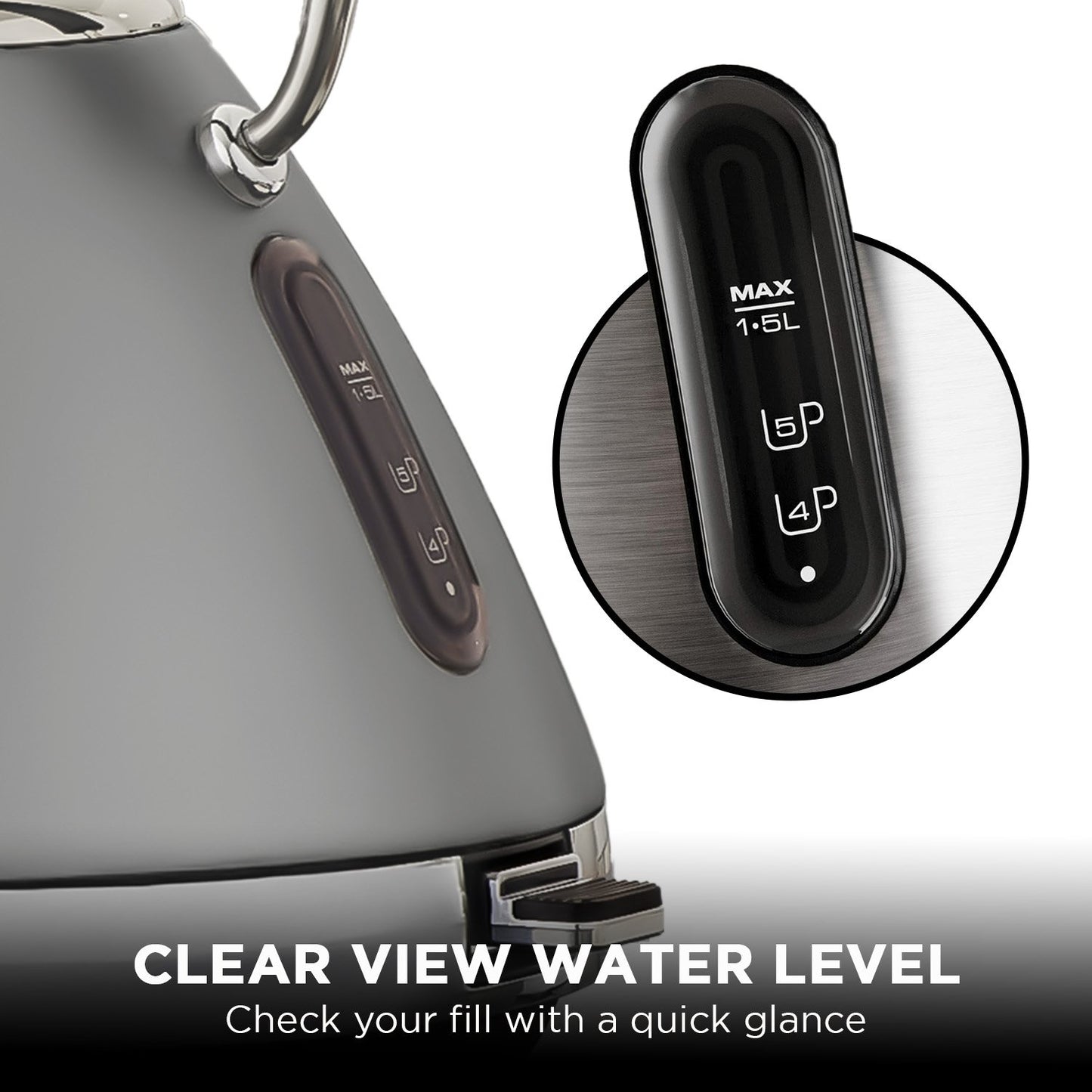 Gray kettle with clear view water level indicator on a white background