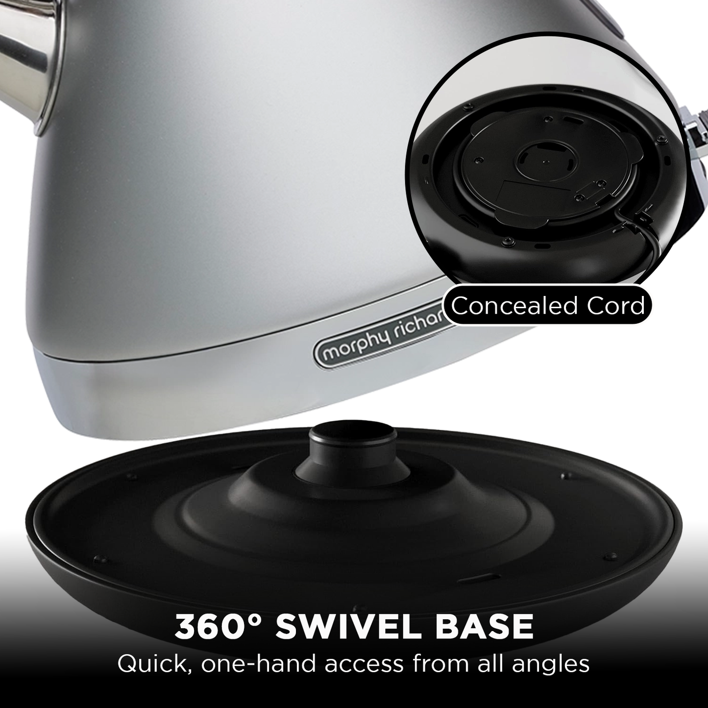 Morphy Richards kettle with 360-degree swivel base and concealed cord feature.