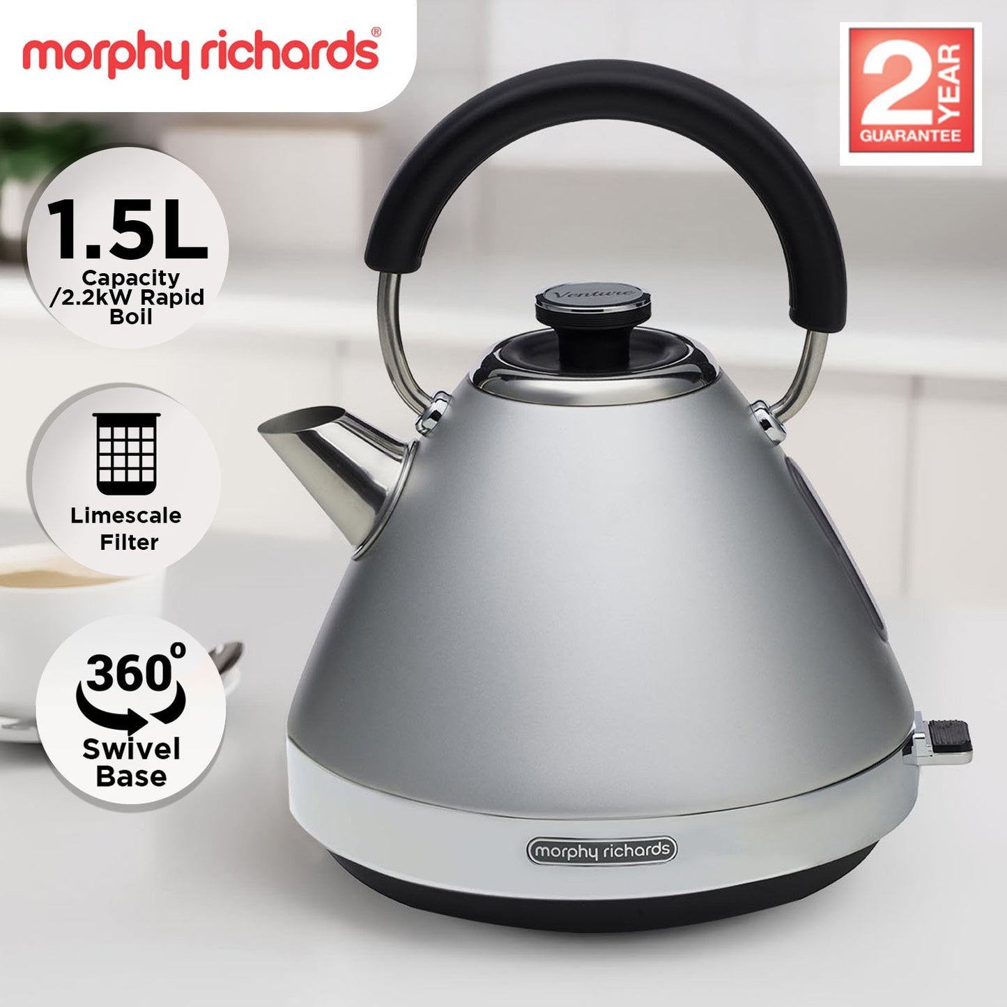 Silver Morphy Richards kettle with black handle on a white background