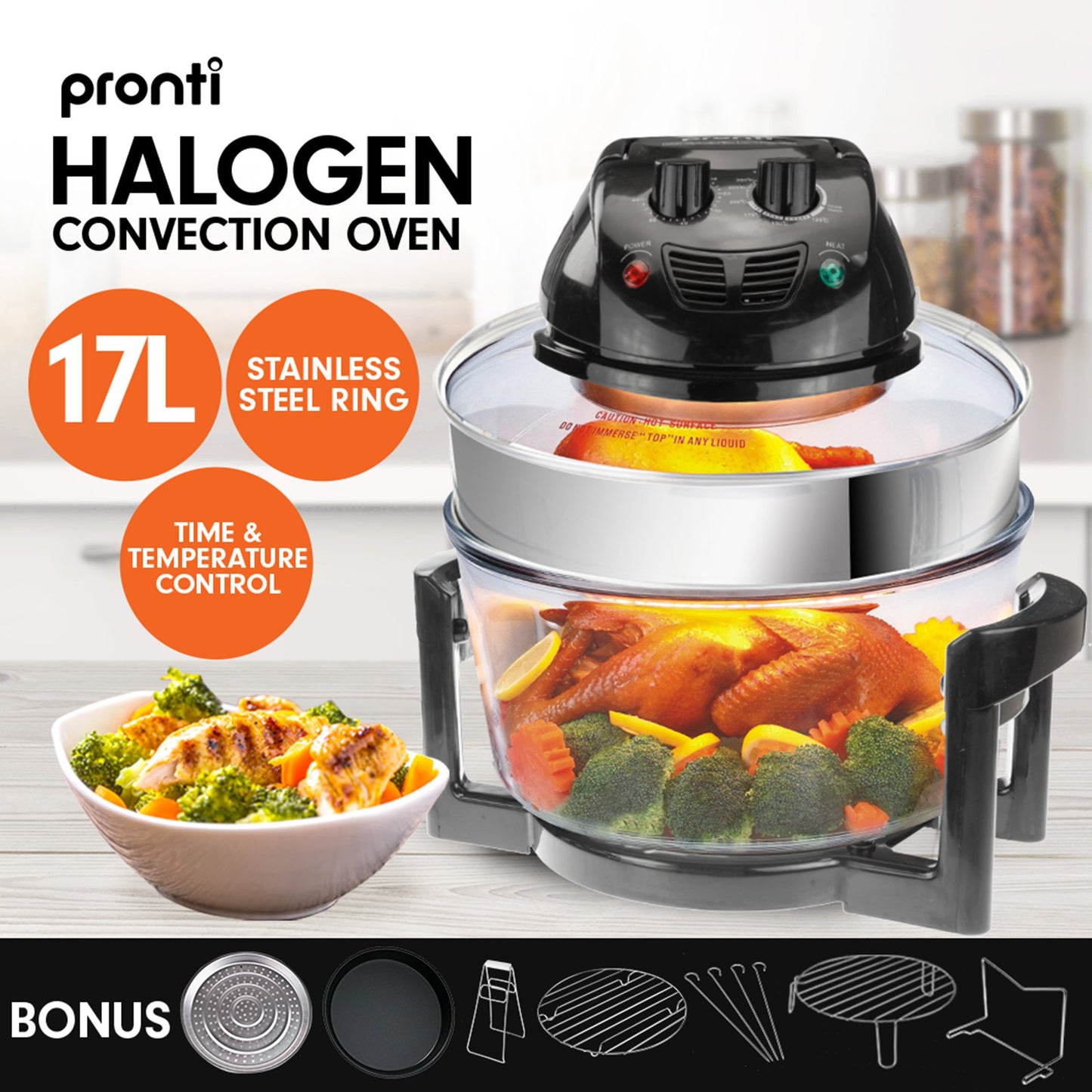 Pronti Halogen Convection Oven with food inside, on a kitchen counter.