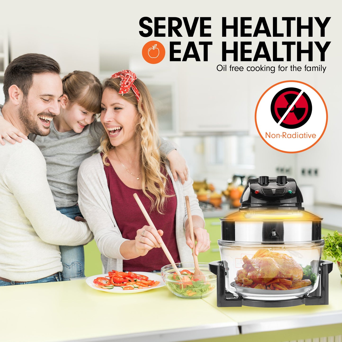 Family cooking together with a health-focused product in the foreground