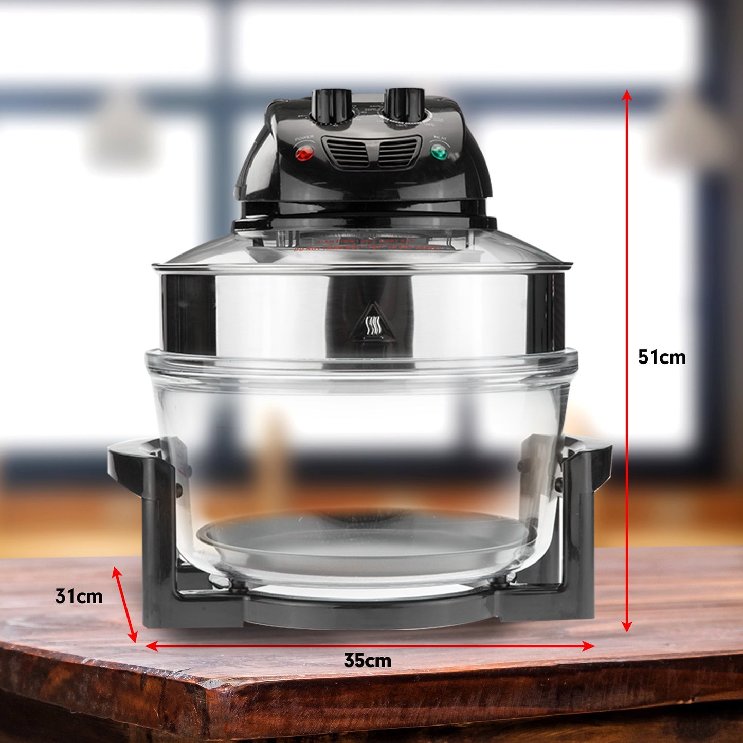 Vacuum cleaner with dimensions indicated on a wooden surface