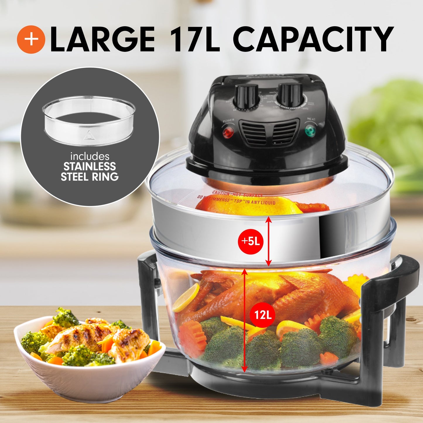 Electric pressure cooker with large 17L capacity, including a stainless steel ring, on a kitchen counter.