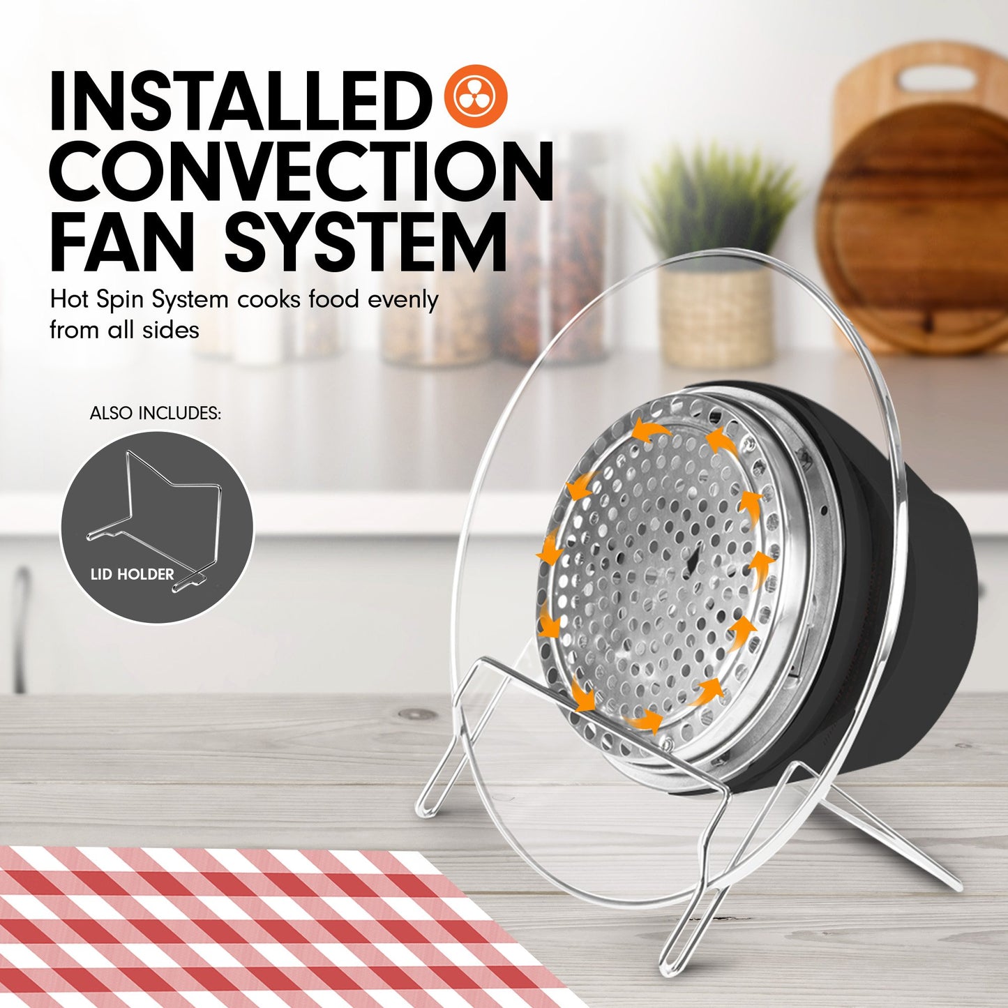 Convection fan system with lid holder on a kitchen counter
