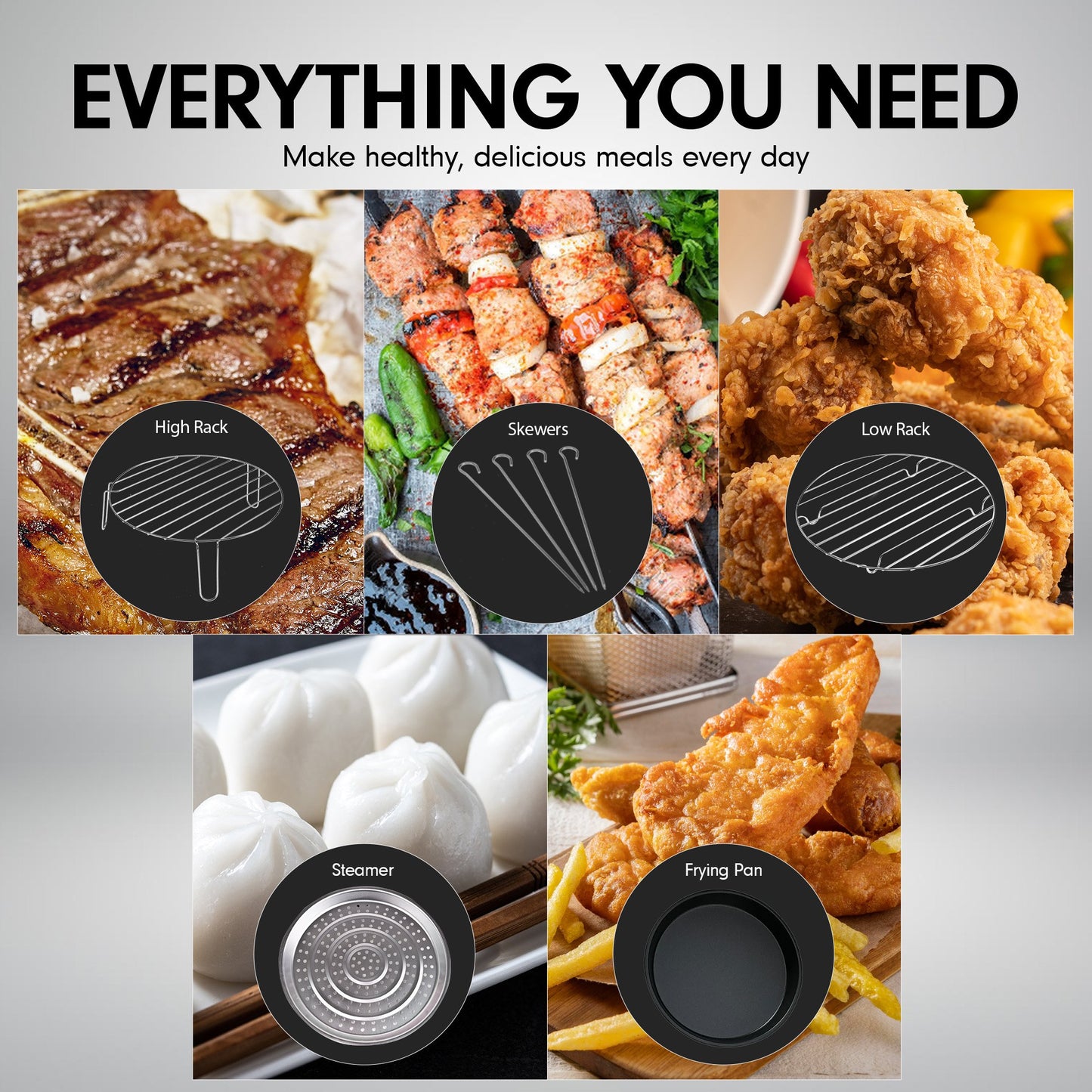 Collage of cooking methods with icons for high rack, skewers, low rack, steamer, and frying pan.