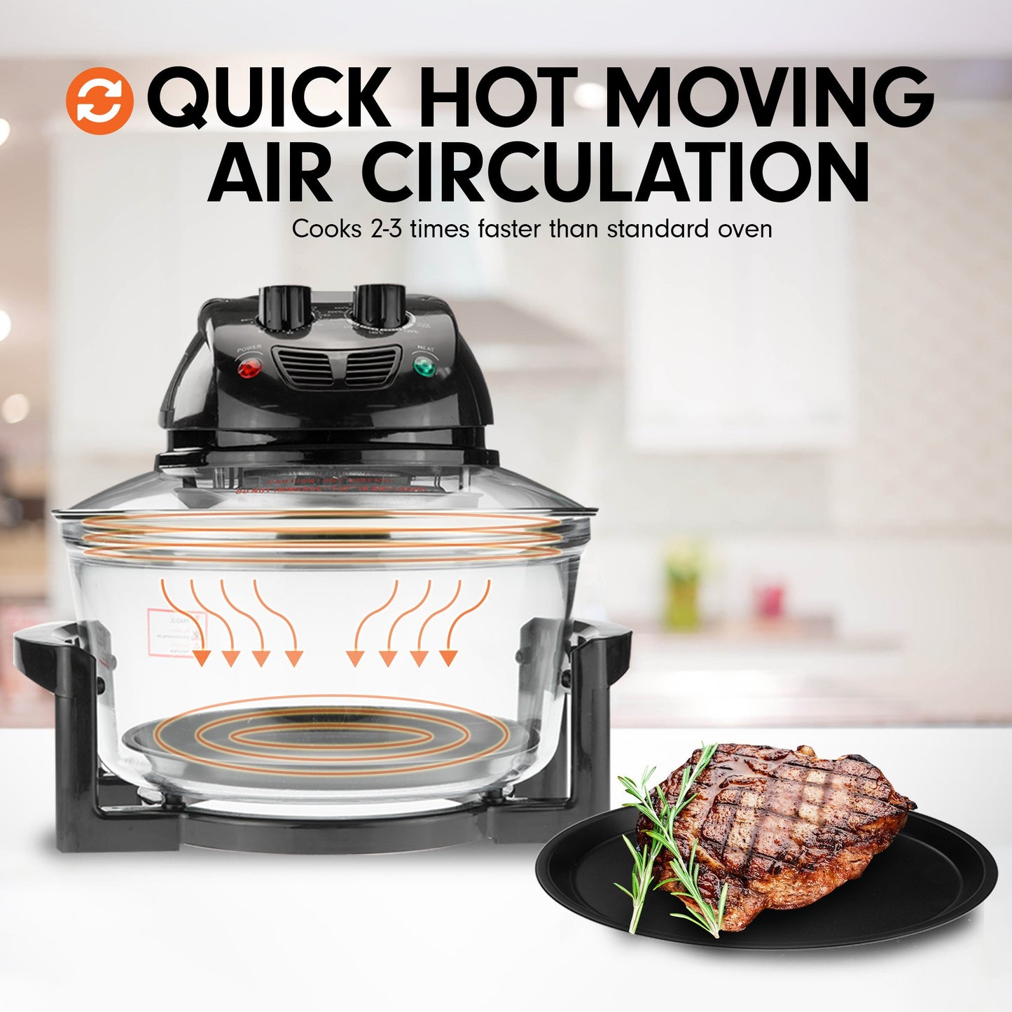 Hot air circulation oven with cooked steak on a plate, kitchen background