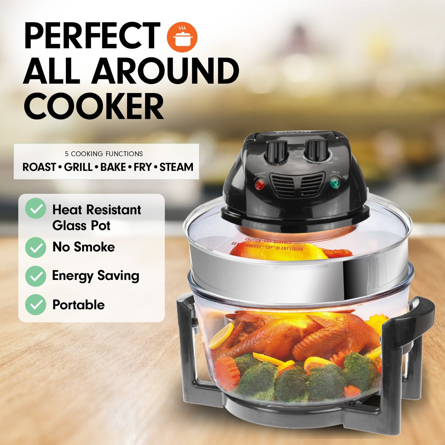 Multifunctional cooker with food inside, featuring text on cooking functions and features.