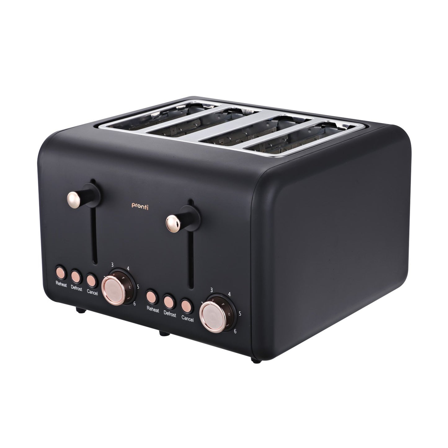 Black toaster with control panel on a white background