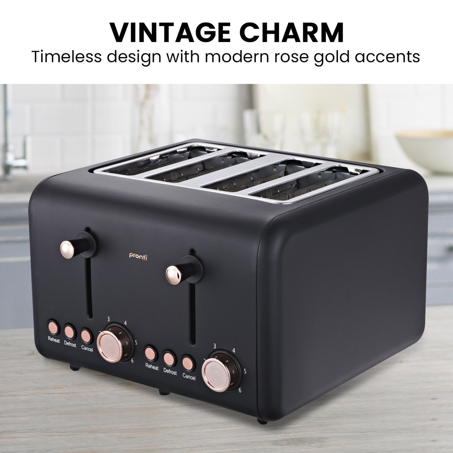 Black toaster with rose gold accents on a wooden surface, labeled 'Vintage Charm'.
