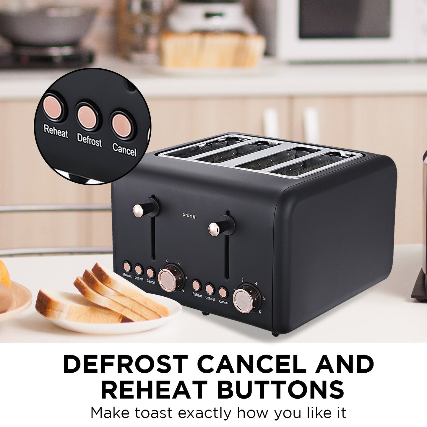 Black toaster with defrost, cancel, and reheat buttons on a kitchen counter.
