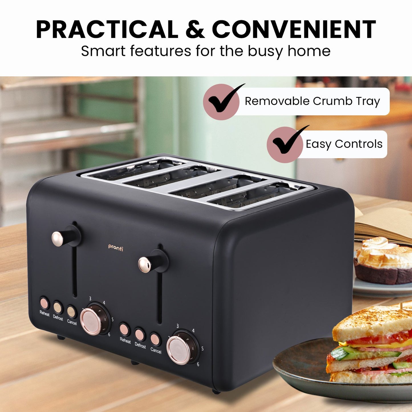 Black toaster with removable crumb tray and easy controls on a kitchen counter.
