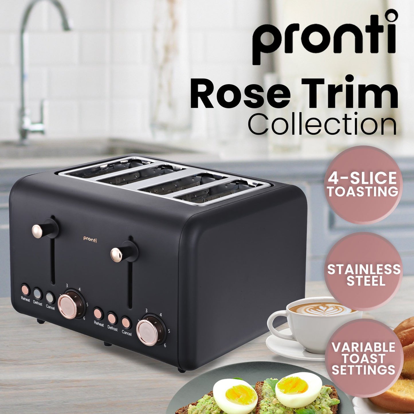 Black toaster with rose gold accents on a kitchen counter, featuring the Pronti brand.